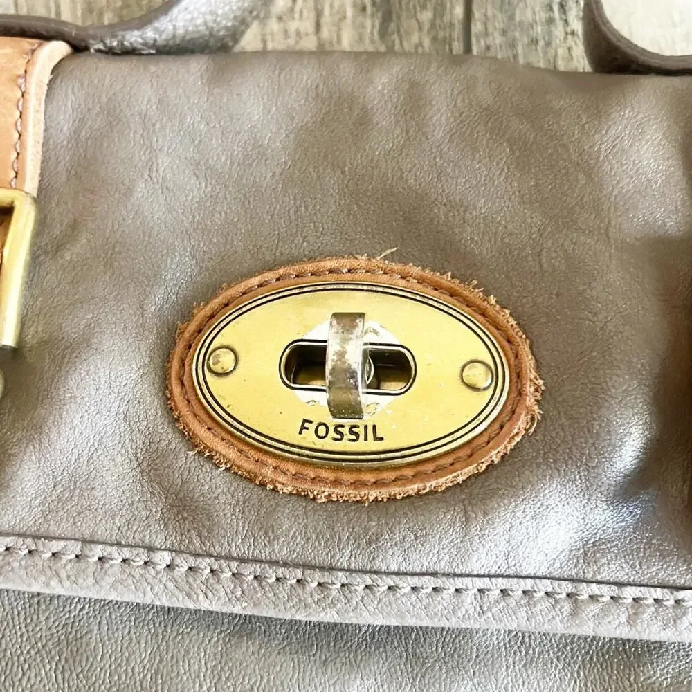 FOSSIL Long Live Taupe Leather Turn Lock Closure Crossbody Bag No Strap Vintage